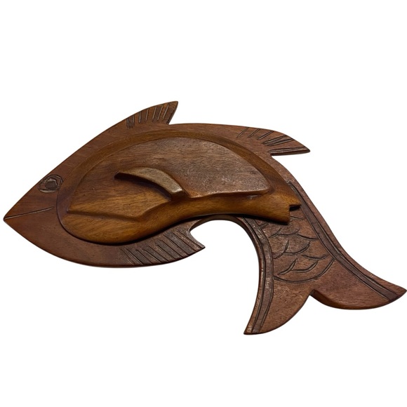 Vintage Other - Vintage Hand Carved Wood Fish Lidded Trinket Jewelry Box Candy Dish Fisherman